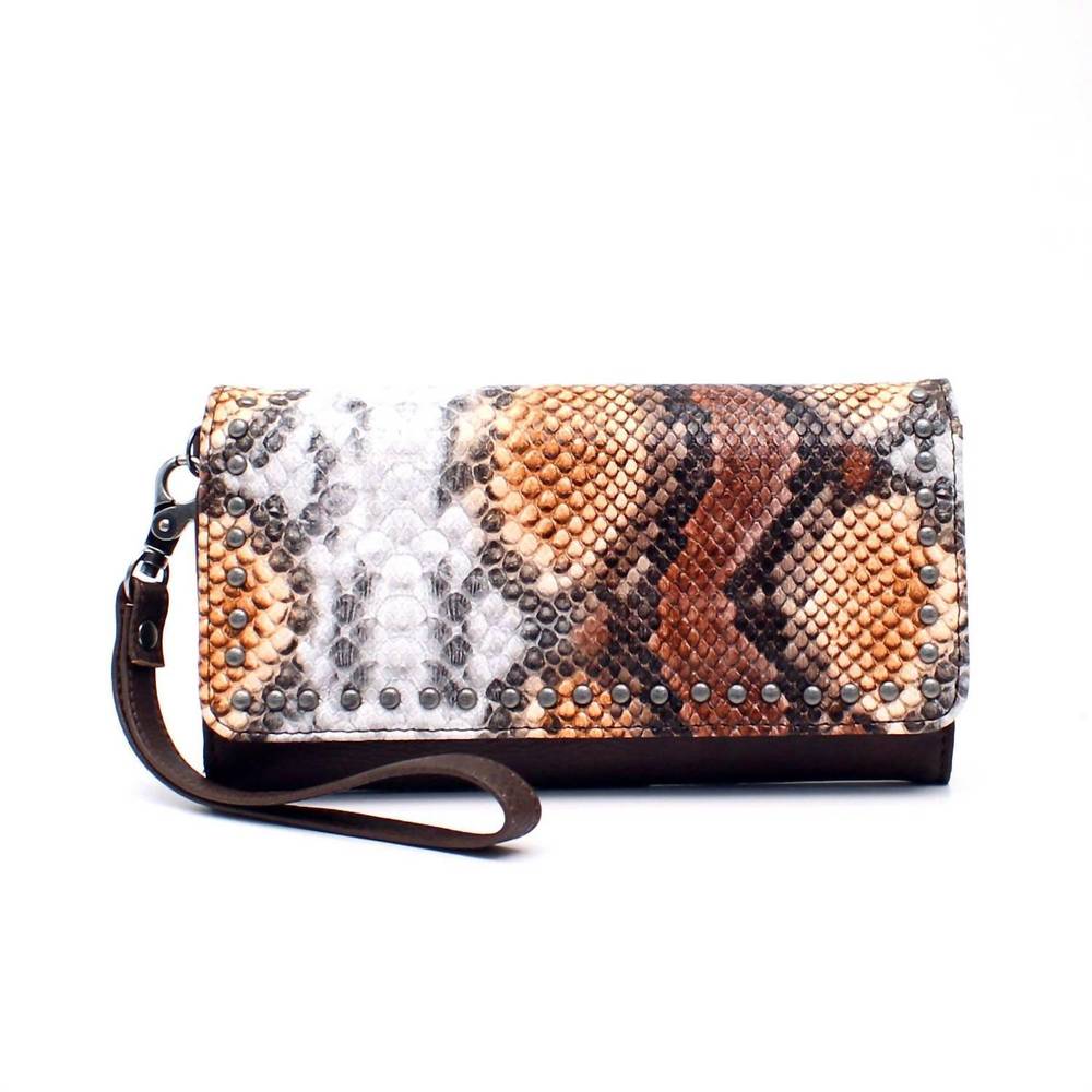 NEW M.A.B.E. women's studded python print clutch wallet in brown